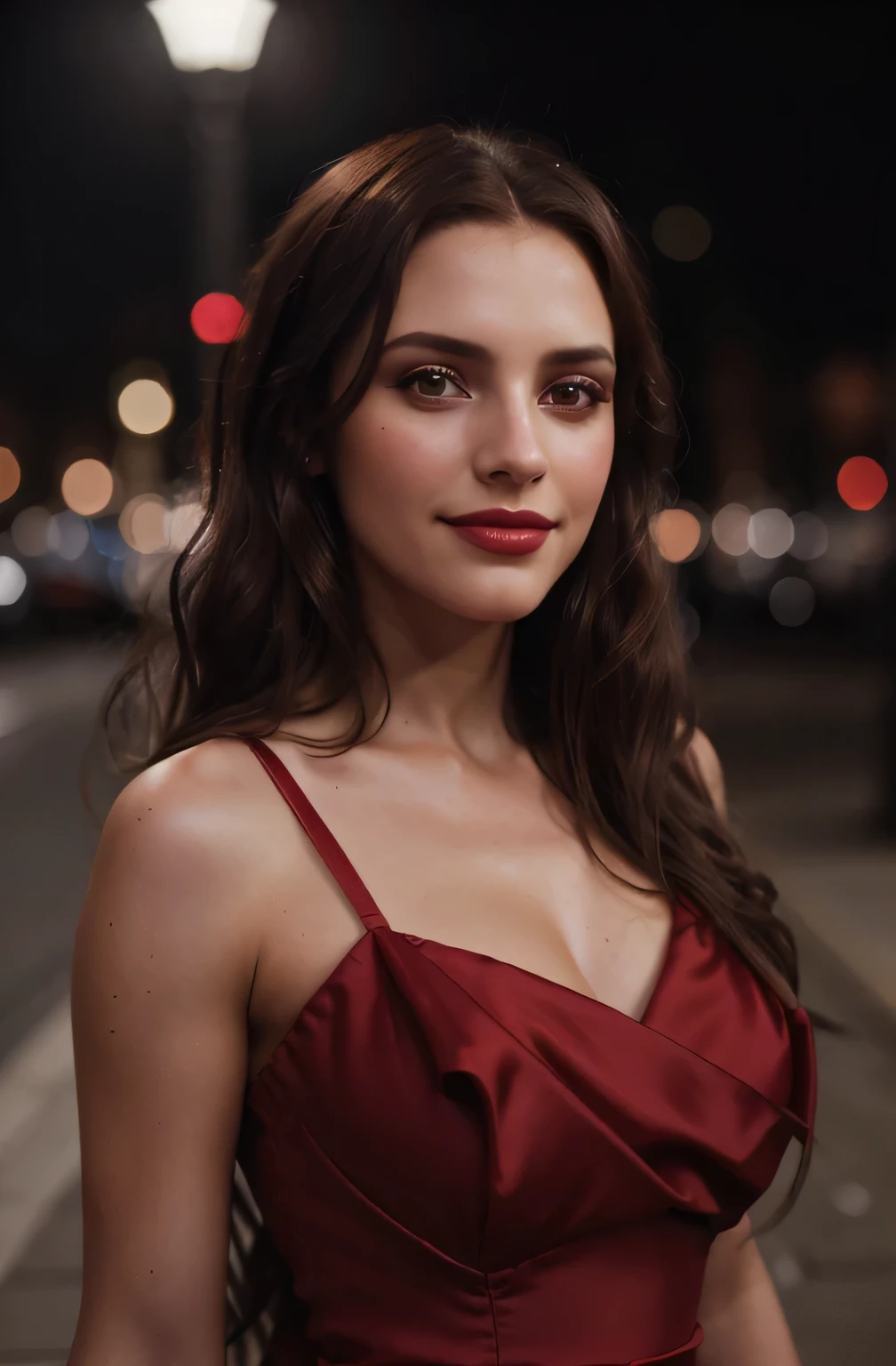 1mujer, (realista:0.75), brown hair, Cabello largo, ojos negros, feliz,selfie,wearing red color night dress,night time,(sharp focus:1.2), photo, attractive young KariSweets , (beautiful face:1.1), detailed eyes, luscious lips, (cat eye makeup:0.85), (smile:1.2), wearing (red dress:1.2) on a (night street:1.2). (moody lighting:1.2), depth of field, bokeh, 4K, HDR. by (James C. Christensen:1.2|Jeremy Lipking:1.1).