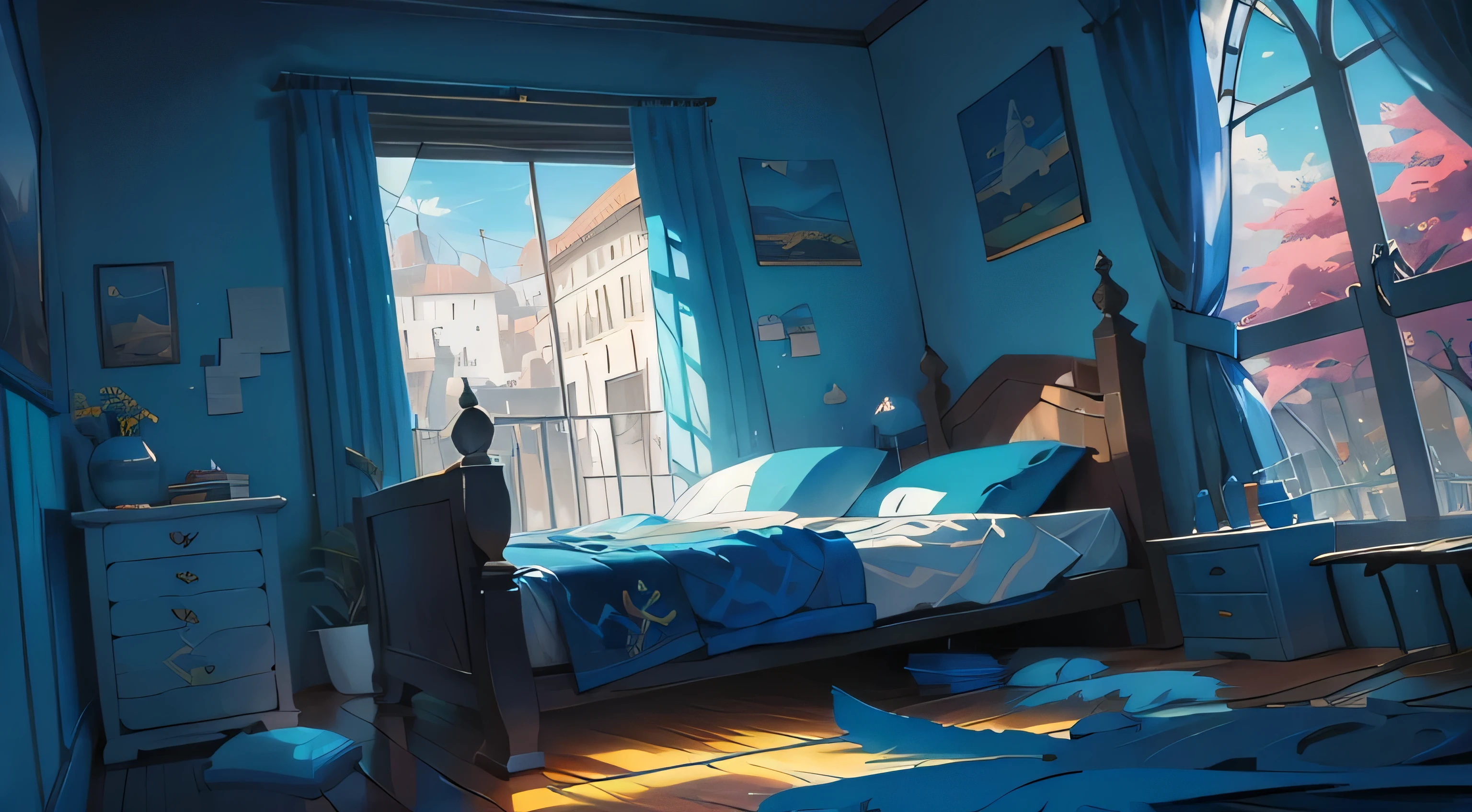 quarto de anime, azul escuro, frente