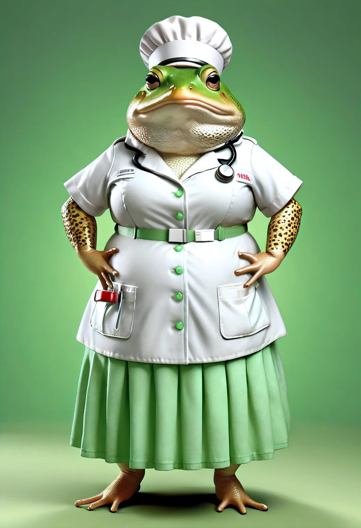 photorealistic portrait of Dressed animals - a ((fat)) toad nurse,(hands on hips:1.2),(), high quality,(lovely) ,intricate details, highly detailed ((light green nurse costume)), wearing nurse cap and skirt , highly detailed medical equipment , (happy), studio lighting,(),(simple background)