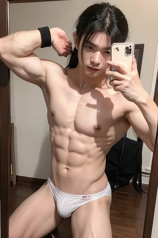 20 year old Japanese male bodybuilder anime character wearing bodybuilder thong with a mullet hairstyle flexing his muscles in a mirror in his room
