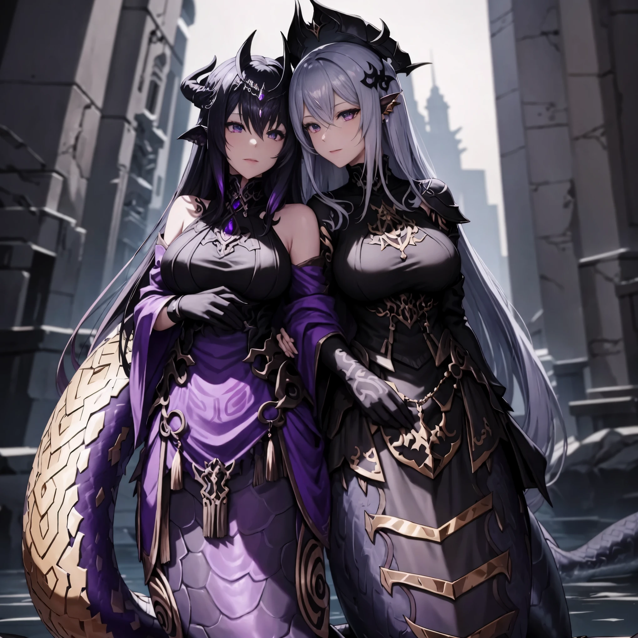 Lamia. metallic black and purple fashion. face veil. long gloves. eyes motif hair ornament. swamp. anime style. full body image.