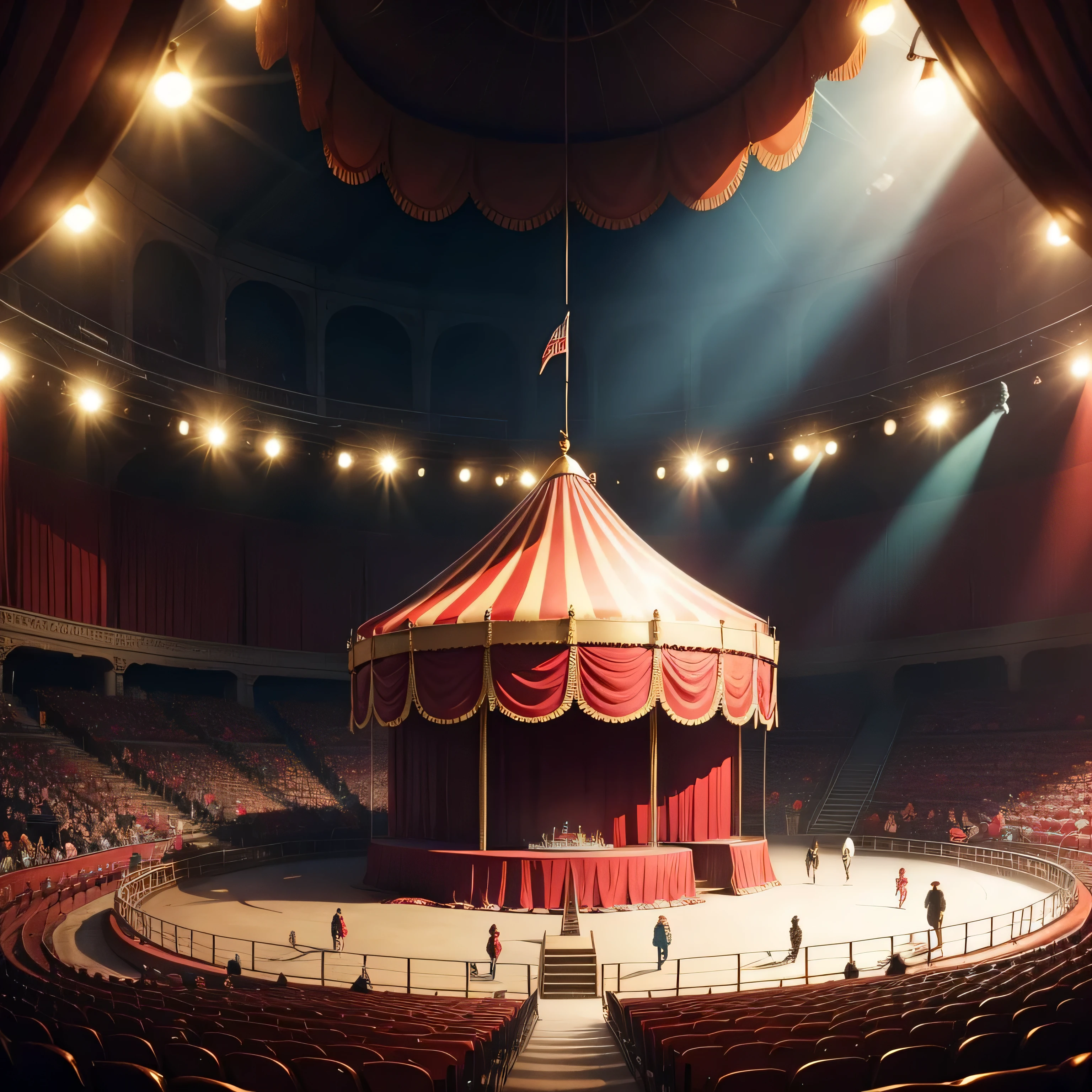 The bustling atmosphere inside the circus There are no people showy The point of view is the point of view of the viewer increase the number of lights,