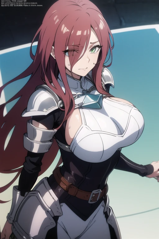 mature women,milf,large breast,beautiful face,long hair, shiny hair, green eyes,high detailed,red hair, hair over one eye,masterpiece,cowboy shot,perfect anatomy,cleveage,dynamic pose,HENTAI Anime, Pearl White Rubber Suit,Helmet Full Mask (Face Shield)) ((Breastplate Armor)) (Cloak with short collar) ((emblem on chest and forehead)),Gravure,