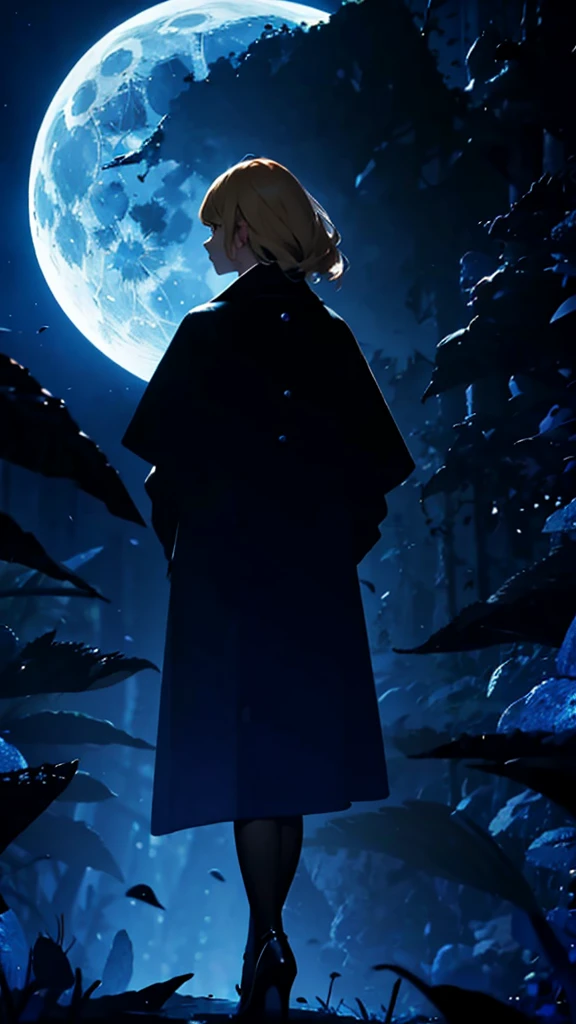 blonde woman,long coat,Rear view,silhouette,blue forest,blue Moon,blue night,
