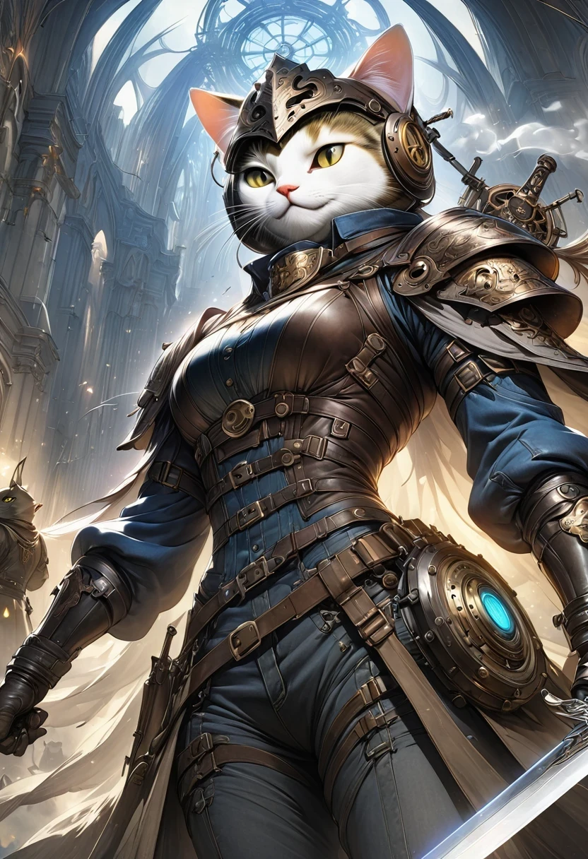 (Extremely detailed and realistic CG, masterpiece, best quality, Super detailed),(Anthropomorphic Cat:1.5),A cat knight in armor,Holding the holy sword,wearing a helmet,slim,holy sword,middle Ages,Creative character design, Whimsical cartoon style, 32k Ultra HD,steampunk, St. Paul's Metropolitan Cathedral, (best lighting, best shadow, extremely delicate and beautiful), Dynamic angle, movie atmosphere, Gorgeous metalwork, gear, clockwork, smokes, steam, period clothing, bright colors.