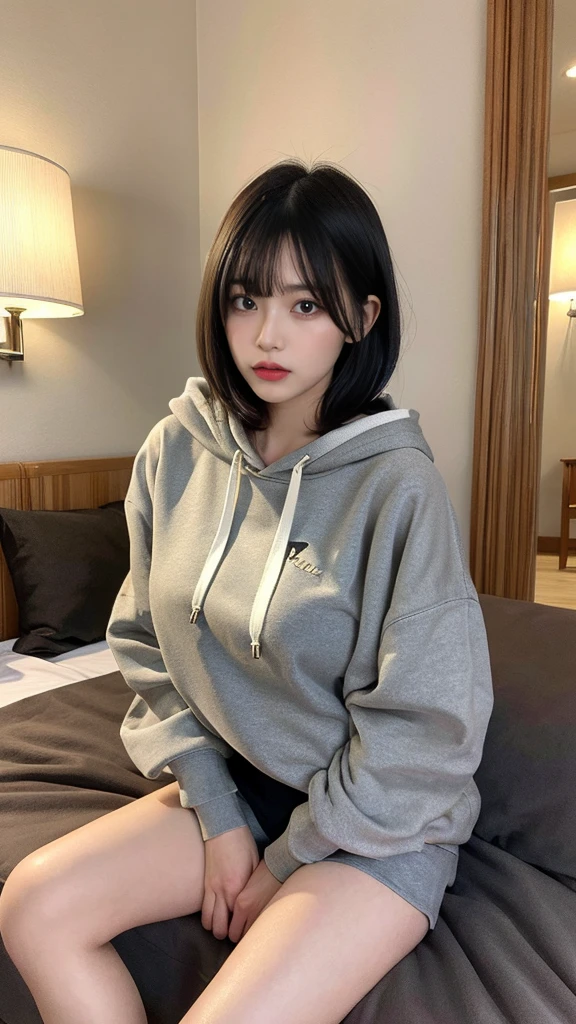 muste piece, best quality, illustration, Super detailed, fine details, High resolution, 8K,wall paper, perfect dynamic composition,(Details High quality, realistic depiction of eyes:1.3), (Oversized Light Gray Hoodie:1.2), Erotic Shorts, big breasts, short bob hair、black hair color, Big Natural Color Lip, bold sexy pose, (perfect body shape), crying a little、cold gaze, Harajuku style、20 year old girl、cute type、ta、beautiful legs, hotel room, gravure idol