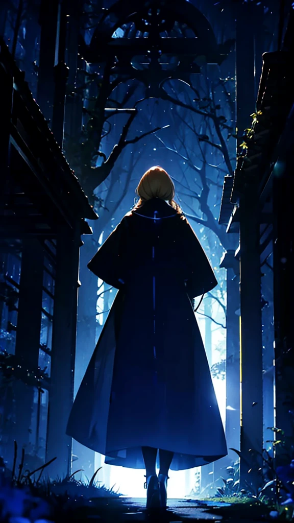 blonde woman，long coat，Rear view，silhouette，blue forest，blue Moon，blue night，