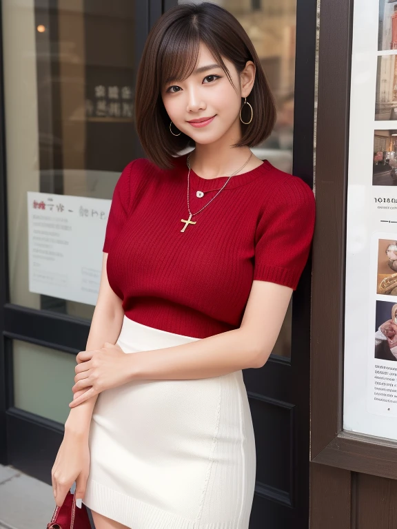 (Face and hairstyle: https://image.cdn2.seaart.ai/2024-04-07/co9aem5e878c73bsvlf0/2b1d49a183555d97684137a366498582368f87af_high.webp)、((Red short sleeve knit sweater))、((white tight skirt))、photograph、city、Take-out、street、Cafe、Coffee1I have one、reality、married woman、30 generations、short hair、Realistic background with small cross necklace、big and soft breasts、chest bulge、sexy smile、proudly、mature woman、sex appeal、Shown from the waist up