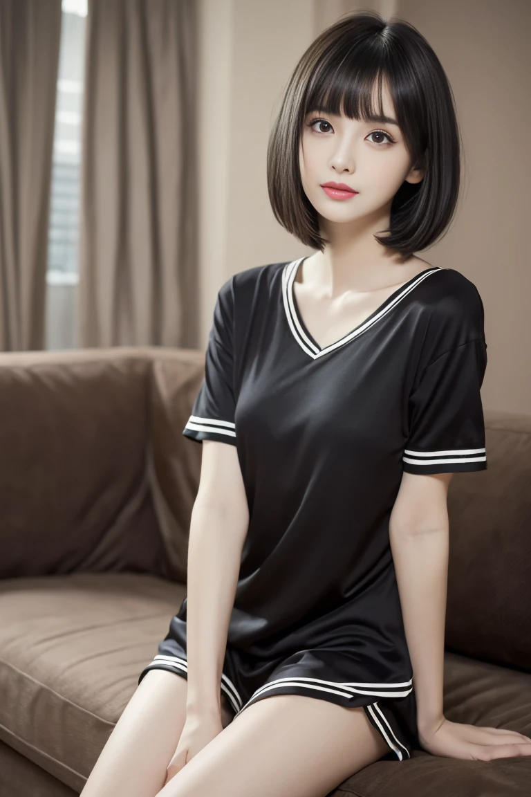 Beautiful woman sitting on a couch wearing a gray shirt and shorts, camisa cinza, Sleepwear, Desportivo, Splendid, wearing v - neck top, roupas esportivas fofas, vestindo bermuda e camiseta, Roupa aberta v peito, camisola, roupas casuais, sport bra and shirt, mangas curtas, Bralette, top de corte baixo, roupas casuais modernas