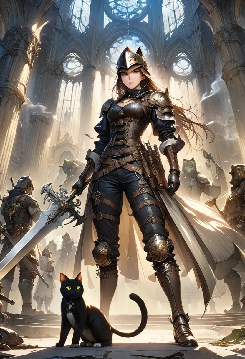 (Extremely detailed and realistic CG, masterpiece, best quality, Super detailed),(Anthropomorphic Cat:1.5),A cat knight in armor,Holding the holy sword,wearing a helmet,slim,holy sword,middle Ages,Creative character design, Whimsical cartoon style, 32k Ultra HD,steampunk, St. Paul's Metropolitan Cathedral, (best lighting, best shadow, extremely delicate and beautiful), Dynamic angle, movie atmosphere, Gorgeous metalwork, gear, clockwork, smokes, steam, period clothing, bright colors.