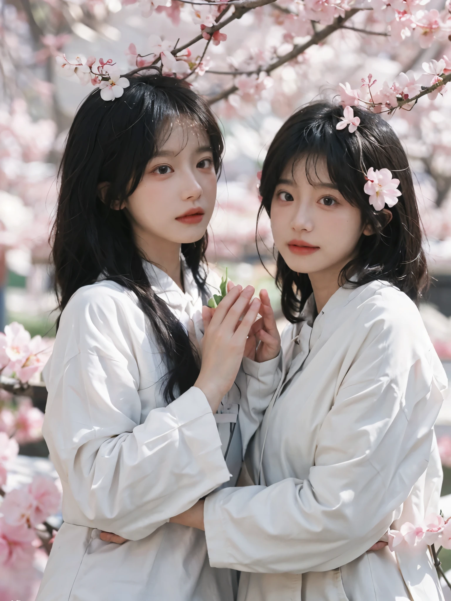 best quality, ultra high resolution, White background,(realistically:1.4), 2 girls, white cheongsam,twin? Sakura Rain,Under the cherry blossom tree,A pair of eyes as clear as snow,Royal sister,looking at the audience, close up ,