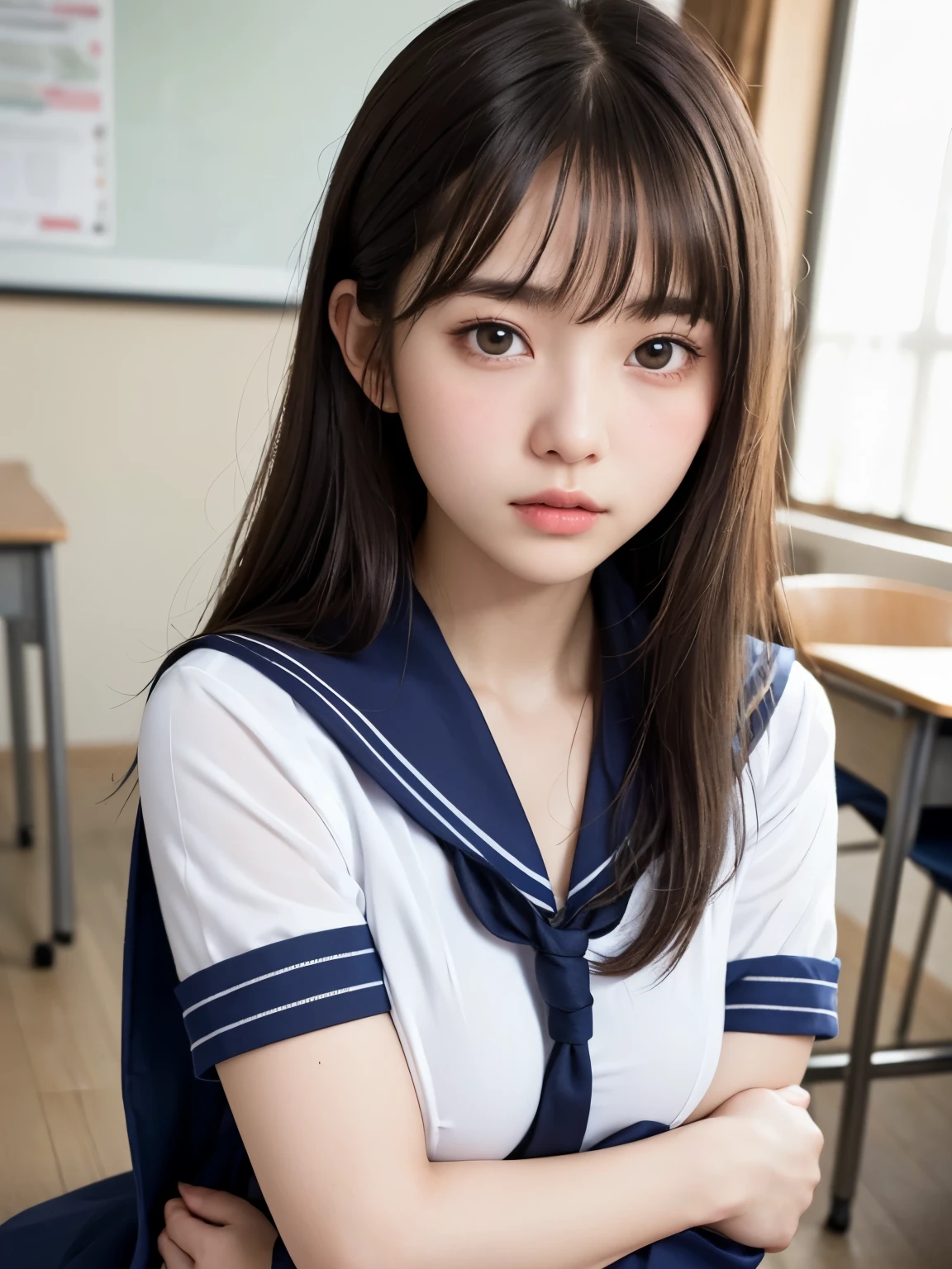 (professional portrait、professional writing)、highest quality, Detailed workmanship、high resolution、(8K, High resolution:1.2)、(RAW photo, photorealistic:1.3)、masterpiece、slender body shape、high definition face、Face is in focus、high definition eyes、(Focused, symmetrical pupils:1.2)、High-definition and beautiful skin、firm skin、natural makeup、gross lip, High-definition hair texture、 (Japanese high school girl)、17 years old、cute, hair bun, classroom、(sailor suit:1.3), near the wall, (sitting on the floor:1.1), (hugging own breast tightly with arms:1.3), very cute, (very embarrassed:1.3), (blush:1.1), (afraid:1.3), Strange look、Looking up at the camera、 (shirt front open:1.2), cleavage, nsfw, nipples