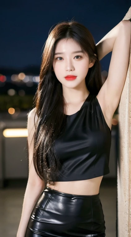 20 years old, pure beauty, danfeng eyes, double eyelids, lying silkworm, long eyelashes, black eyes, deep black hair, graceful body, showing slender waist, short skirt, face highlight, smile, look at me, bust photo, background, city night scene, Tyndall light, filter rendering, ultra-fine, HD, HD, HD picture quality, detail, 18k ultra-HD resolution, top effect, master work, bust photo.
