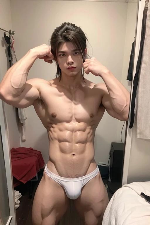 20 year old American male bodybuilder anime character wearing bodybuilder thong with a mullet hairstyle flexing his muscles in a mirror of his room