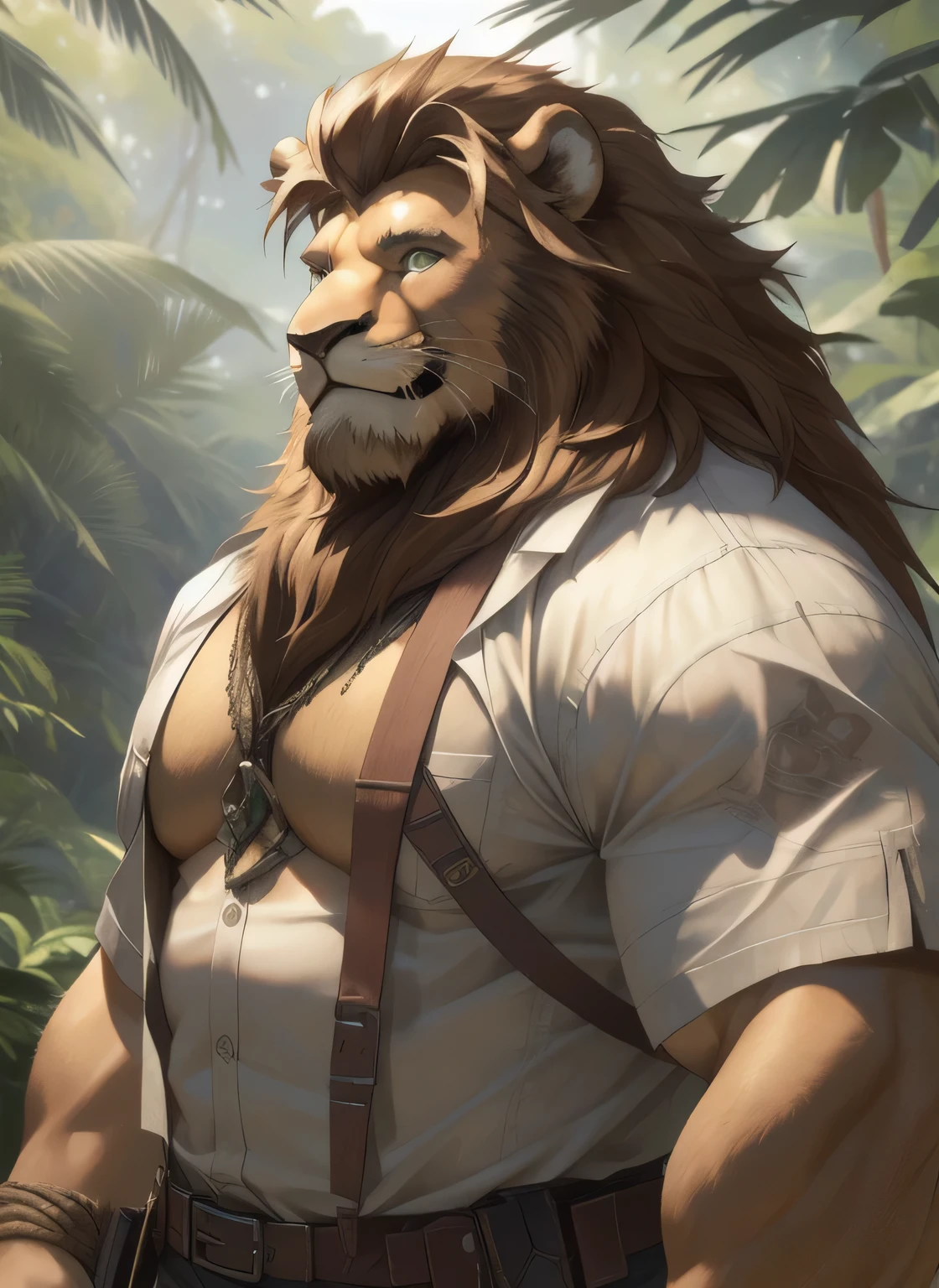 Lion, male, adult, long blond mane, big brown beard all over the jaw, very muscular body, large pectorals, big biceps, beautiful green eyes, detailed eyes, detailed face, archaeologist adventurer, tight-fitting archaeologist adventurer clothes , open shirt, visible pecs, smiling face, jungle background, seen all over the body (intricate, high detail, film photography, soft focus, RAW candid cinema, photorealism, realistic, photorealistic, analog style, subsurface scattering, masterpiece, best quality, ultra realistic, 8k)