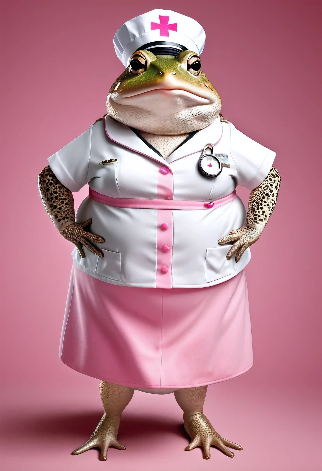 photorealistic portrait of Dressed animals - a ((fat)) toad nurse,(hands on hips:1.2),(), high quality,(lovely) ,intricate details, highly detailed ((pink nurse costume)), wearing nurse cap and skirt , highly detailed medical equipment , (happy), studio lighting,(),(simple background)