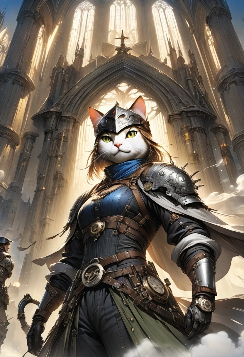 (Extremely detailed and realistic CG, masterpiece, best quality, Super detailed),(Anthropomorphic Cat:1.5),A cat knight in armor,Holding the holy sword,wearing a helmet,slim,holy sword,middle Ages,Creative character design, Whimsical cartoon style, 32k Ultra HD,steampunk, St. Paul's Metropolitan Cathedral, (best lighting, best shadow, extremely delicate and beautiful), Dynamic angle, movie atmosphere, Gorgeous metalwork, gear, clockwork, smokes, steam, period clothing, bright colors.
