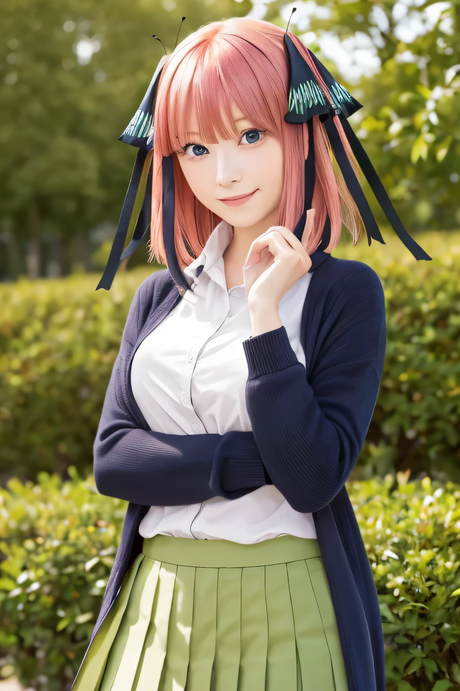  masterpiece, highest quality, very detailed, 1 girl, alone, cowboy shot, nakano nino, pink hair, butterfly hair ornament, black cardigan, collared shirt, green skirt, mini skirt, medium breasts, Are standing, School, outdoor, smile,RAW shooting:1.2)、(realistic:1.4)、(masterpiece:1.3)、(highest quality:1.4)、beautiful white people、7 head and body、Beautiful in every detail目、eyelash、beautiful double eyelids、alone、cute、(cute:1.2)、beautiful woman、nino nakano、The Quintessential Quintuplets、８K、Beautiful in every detail、detailed hair、ultra high resolution, surreal、complete human body structure,Always detailed face and skin, detailed eye, very detailed顔と肌