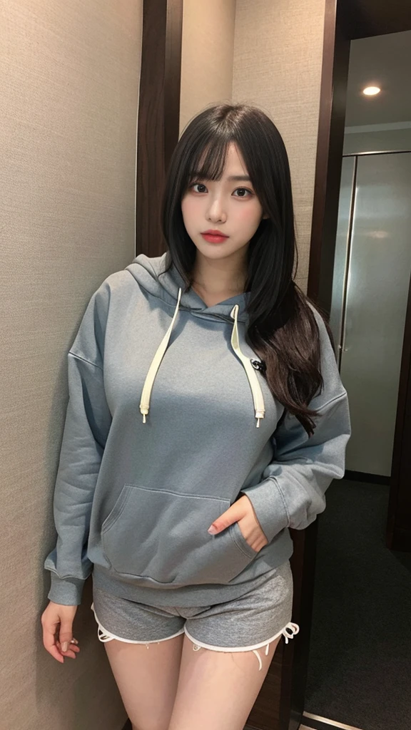 muste piece, best quality, illustration, Super detailed, fine details, High resolution, 8K,wall paper, perfect dynamic composition,(Details High quality, realistic depiction of eyes:1.3), (Oversized Light Gray Hoodie:1.2), ?????? Shorts, big breasts, short bob hair、black hair color, Big Natural Color Lip, bold sexy pose, (perfect body shape), crying a little、cold gaze, Harajuku style、20 year old girl、cute type、lolita、beautiful legs, hotel room, gravure idol