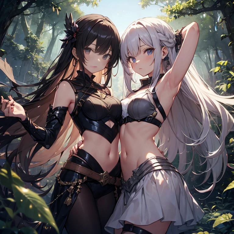 A group of young female knight, (in forest), various hair styles, harem, wearing armored clothes, metal armor, night, details face, , short skirt, seducing, sword, sleeveless , showing armpits, midriff, night, starry night