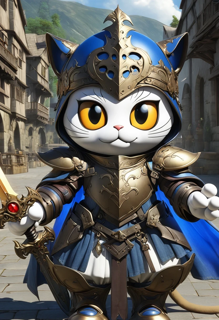 A fantasy of a Kavachi-style seaside village, Rendering in cinema4d, (Anthropomorphic Cat:1.5),A cat knight in armor,Holding the holy sword,wearing a helmet,slim,holy sword,middle Ages,Creative character design, Whimsical cartoon style, 32k Ultra HD