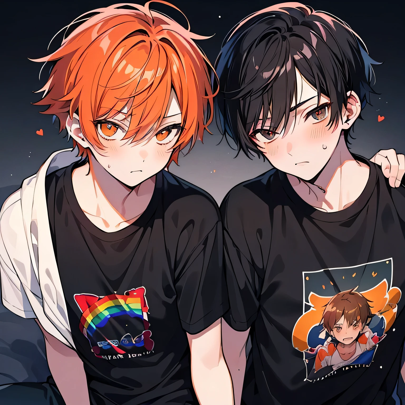 ((best quality)), ((masterpiece)), (detailed), perfect face, 2 boys, gay couple, one boy with dark black hair and dark brown eyes and is tall and handsome, looks fierce and bold, tsundere, very tall, hot and other boy has orange hair and orange eyes and is cute adorable and is bubbly and shorter, short height, , blushing looks like innocent and shy, they are in love, romance, gay couple, bl couple, yaoi, 4k ultra anime quality, anime ARTSTYLE, bl yaoi, hugging, 4k anime art style, cute, rainbow tshirt, rainbow atmosphere, romantic, pride, lgbt