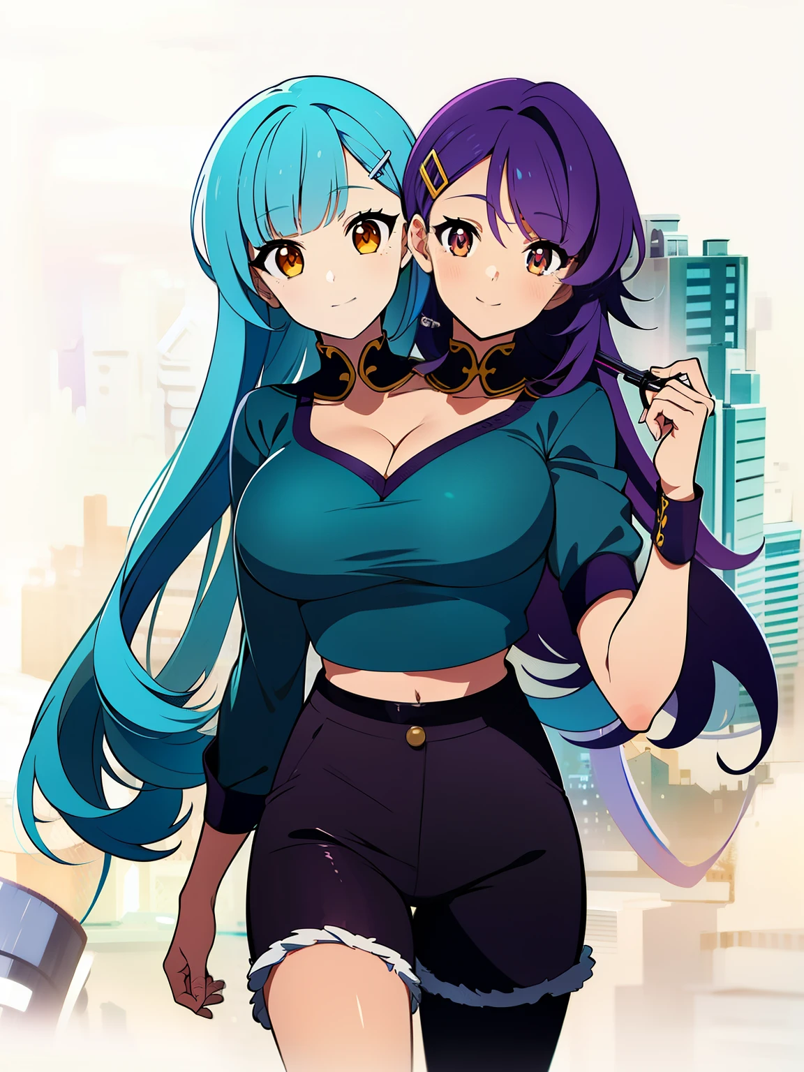 (masterpiece),(ultra-detailed), (high quality), (high resolution), (best quality:1.5, highres, UHD), highres, absurdo, ultra detail, ultra quality, ((2heads:1.5)), 1girl, (long hair), ((light blue hair)), ((purple hair color)), ((orange eyes)), (purple pants), ((cheerful)), ((air-headed)), ((mature woman)), smooth and lustrous skin, ((beautifully tall and slim woman)), futuristic city, gentle smile, city background, ((side bang)), revealing clothes, open v chest clothes, anime full body illustration, female outfit, ((wearing a blue sexy cropped top)), single character full body, anime vtuber full body model, female anime character, wearing casual clothes, blue jacket over bare torso, full body details, ((detailed eyes)), hair clips