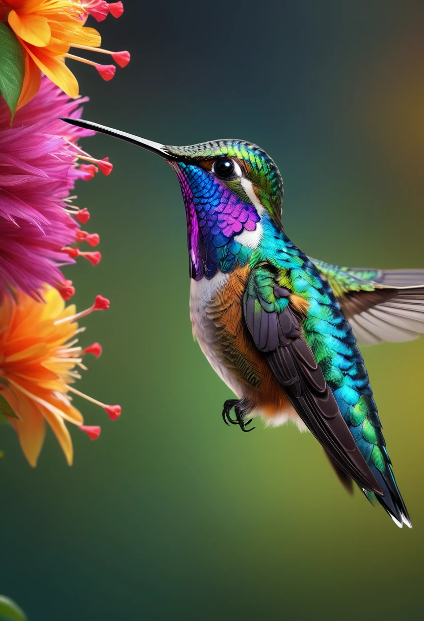 (best quality,4K,8K,high resolution,masterpiece:1.2),Super detailed,(actual,photoactual,photo-actual:1.37),Beautiful and delicate hummingbird,detailed feathered,bright colors,natural background,Close-up view,iridescent feathers,Exquisite details,soft focus,HD rendering,Stunning realism,Professional photography,studio lighting