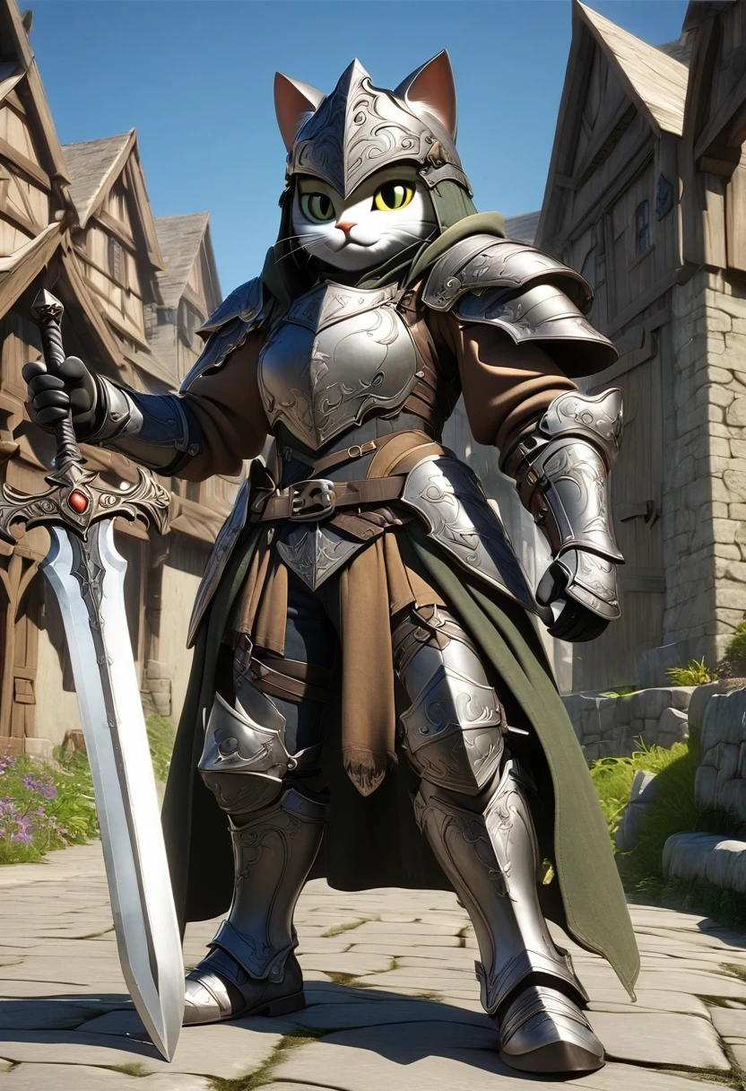 A fantasy of a Kavachi-style seaside village, Rendering in cinema4d, (Anthropomorphic Cat:1.5)，A cat knight in armor，Holding the holy sword，wearing a helmet，slim，holy sword，middle Ages，Creative character design, Whimsical cartoon style, 32k Ultra HD