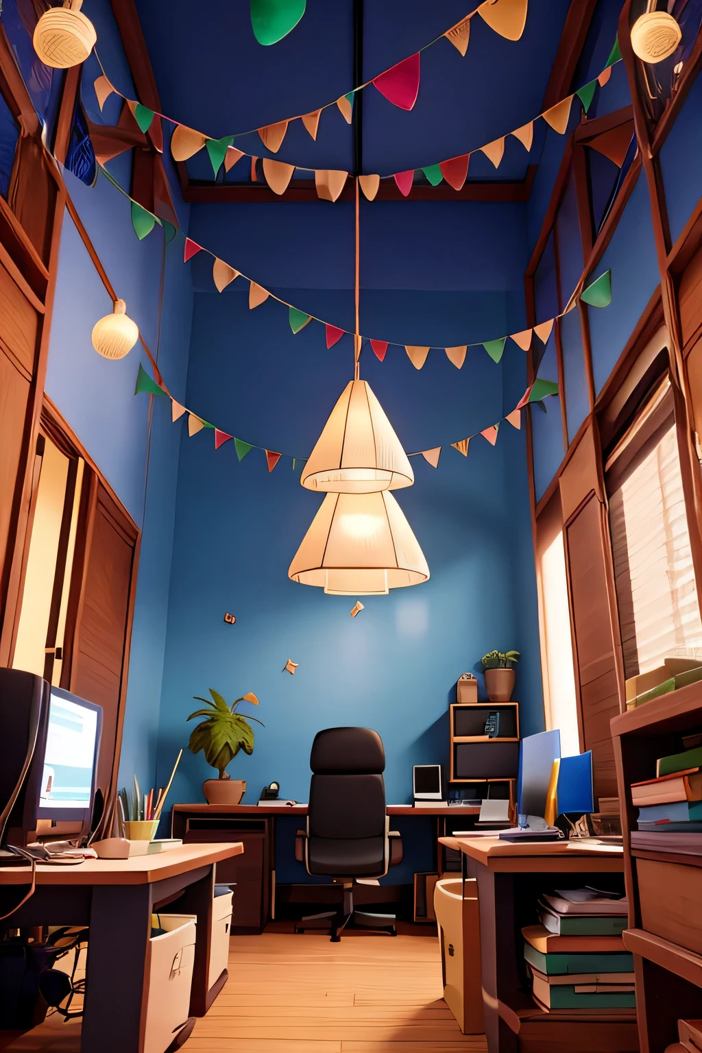 An image of the office adorned with Hari Raya decorations, including ketupat ornaments, traditional fabrics hanging on walls, and strings of colorful lights illuminating the workspace. Hari Raya vibe at office
