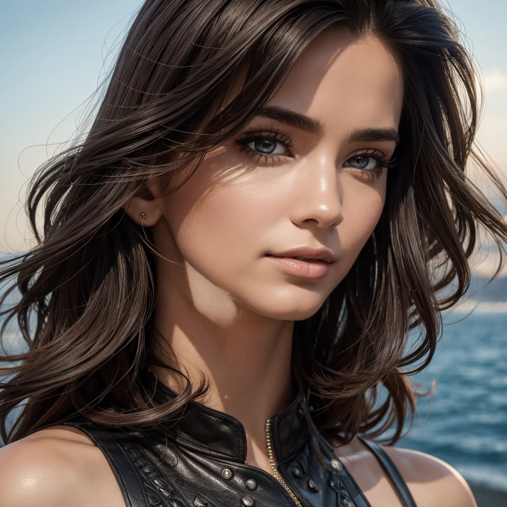 (best quality,ultra-detailed,realistic:1.37),portrait,leather,beautiful detailed face,perfect facial features,detailed eyes,luscious lips,black leather outfit,wavy hair,captivating gaze,confident stance,city backdrop,soft natural lighting,vibrant colors,expressive expression,luxurious texture,high-res,hair strands,subtle make-up,sublime beauty,impeccable craftsmanship,shadow and highlights,dynamic composition,fashionable,charismatic personality,attention to detail,fine lines and wrinkles,visual storytelling,graceful pose