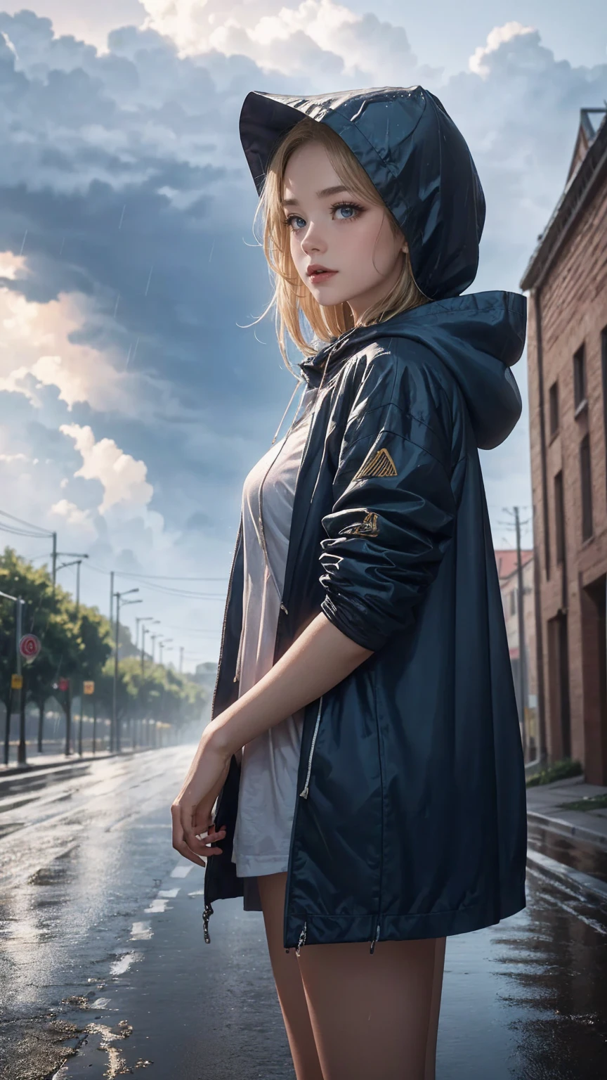 ((最high quality, 8K, masterpiece: 1.3, Ultra HD, high quality, 最high quality, High resolution, realism)) 、(high color saturation:1.0), (highly detailed skin), (最high quality:1.0), (超High resolution:1.0) ,(realistic:1.0), (Super detailed:1.0), (8K, Raw photo:1.1), slender、Slender, muscular body that's toned like an athlete's、white woman、blue eyes、blonde、Wear a raincoat、put on a hood、City with poor visibility due to rain、I'm in the middle of the road、Sunlight shines through gaps in the thick rain clouds、there's a rainbow in the sky、Low angle view