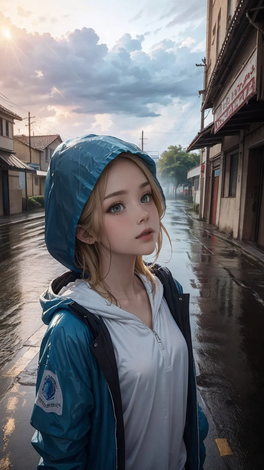 ((最high quality, 8K, masterpiece: 1.3, Ultra HD, high quality, 最high quality, High resolution, realism)) 、(high color saturation:1.0), (highly detailed skin), (最high quality:1.0), (超High resolution:1.0) ,(realistic:1.0), (Super detailed:1.0), (8K, Raw photo:1.1), slender、Slender, muscular body that's toned like an athlete's、white woman、blue eyes、blonde、Wear a raincoat、put on a hood、City with poor visibility due to rain、I'm in the middle of the road、Sunlight shines through gaps in the thick rain clouds、there's a rainbow in the sky、Low angle view