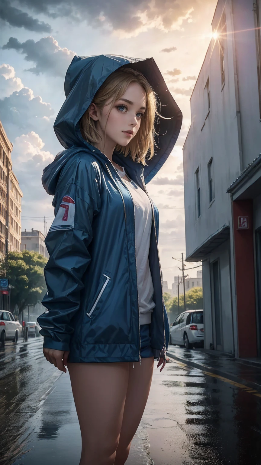 ((最high quality, 8K, masterpiece: 1.3, Ultra HD, high quality, 最high quality, High resolution, realism)) 、(high color saturation:1.0), (highly detailed skin), (最high quality:1.0), (超High resolution:1.0) ,(realistic:1.0), (Super detailed:1.0), (8K, Raw photo:1.1), slender、Slender, muscular body that's toned like an athlete's、white woman、blue eyes、blonde、Wear a raincoat、put on a hood、City with poor visibility due to rain、I'm in the middle of the road、Sunlight shines through gaps in the thick rain clouds、there's a rainbow in the sky、Low angle view