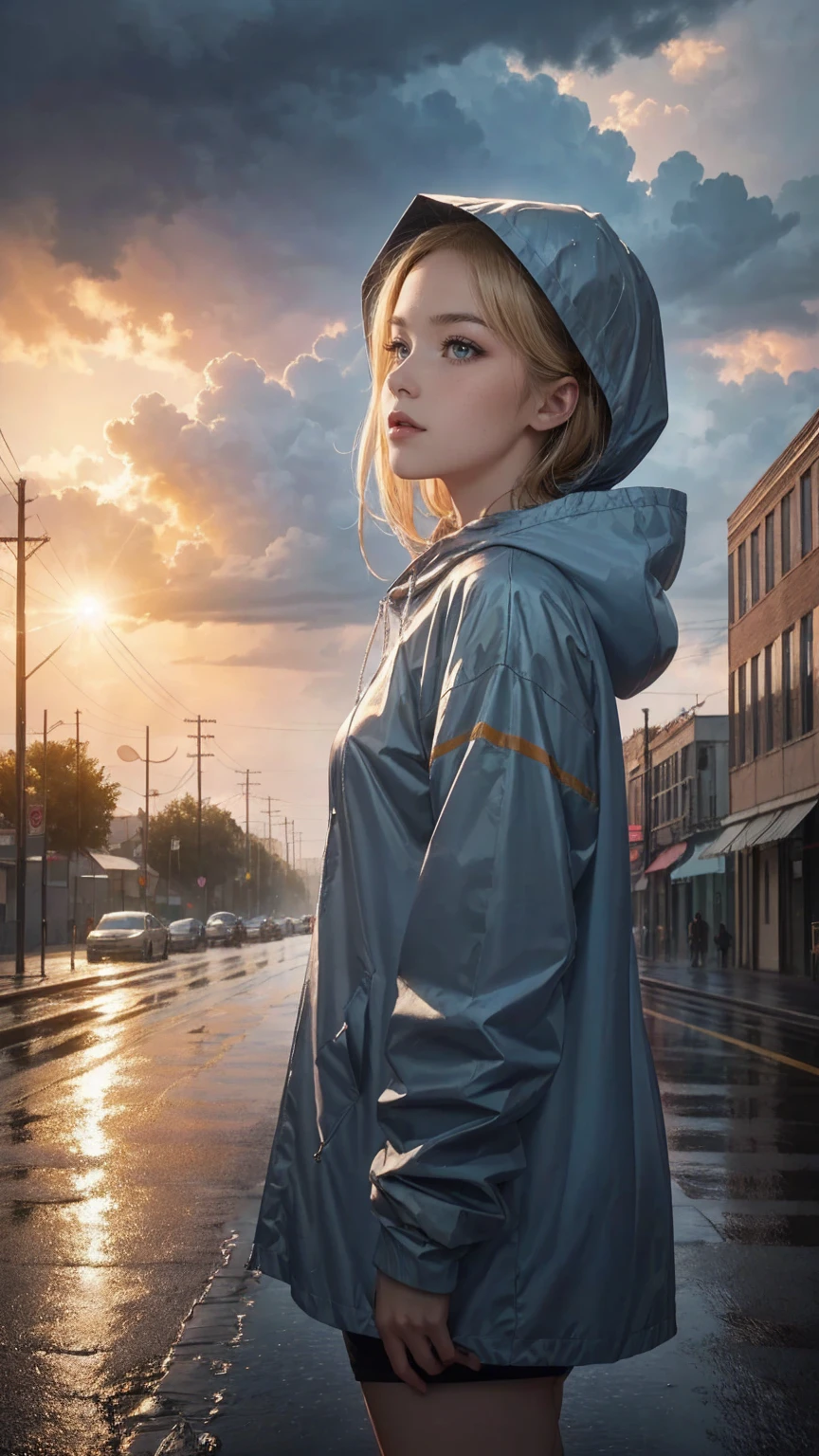 ((最high quality, 8K, masterpiece: 1.3, Ultra HD, high quality, 最high quality, High resolution, realism)) 、(high color saturation:1.0), (highly detailed skin), (最high quality:1.0), (超High resolution:1.0) ,(realistic:1.0), (Super detailed:1.0), (8K, Raw photo:1.1), slender、Slender, muscular body that&#39;s toned like an athlete&#39;s、white woman、blue eyes、blonde、Wear a raincoat、put on a hood、City with poor visibility due to rain、I&#39;m in the middle of the road、Sunlight shines through gaps in the thick rain clouds、there&#39;s a rainbow in the sky、Low angle view