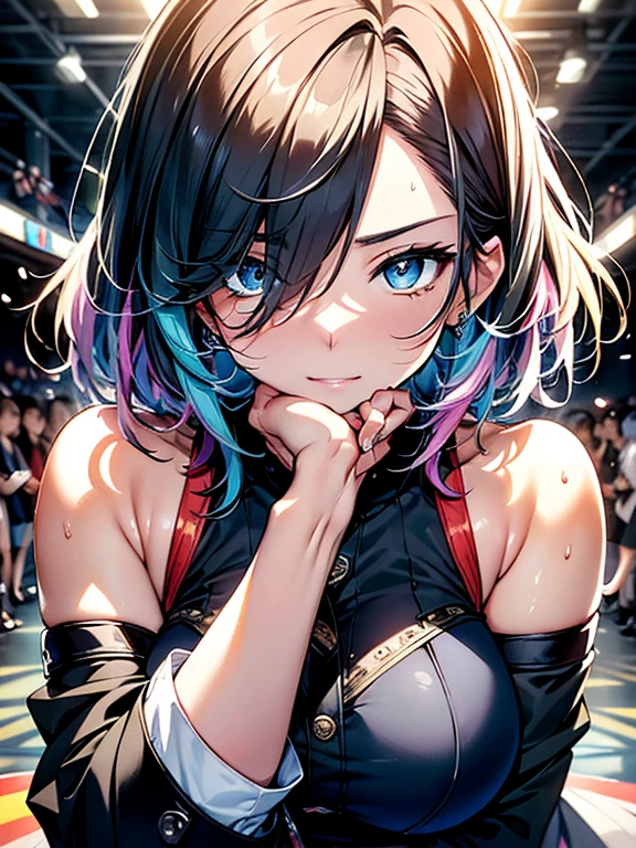((Fashion Show:1.3)),hiquality, hight resolution, ultra-detailliert, high-level image quality, hightquality, anime illustrated, (finely detailed beautiful eye: 1.2), Detailed eye depiction, (finely detailed eyes and detailed face:1.3), (extremely details CG, Best Shadow:1.1), Depth of field and blur, (Perfect Detail: 1.1) , digitial illustration, Enamel Art, Center, Watercolor painting, art stations, concept-art, character sheets, Lightning Wave, beautiful anime watercolors, Vibrant colors, Sharp Focus, art by:hyung tae kim, Fine detail, intricate detailes, Curvaceous body, Detailed eye depiction, Vibrant colors, ,Relieved look after riding a roller coaster, Hugging, Wipe sweat