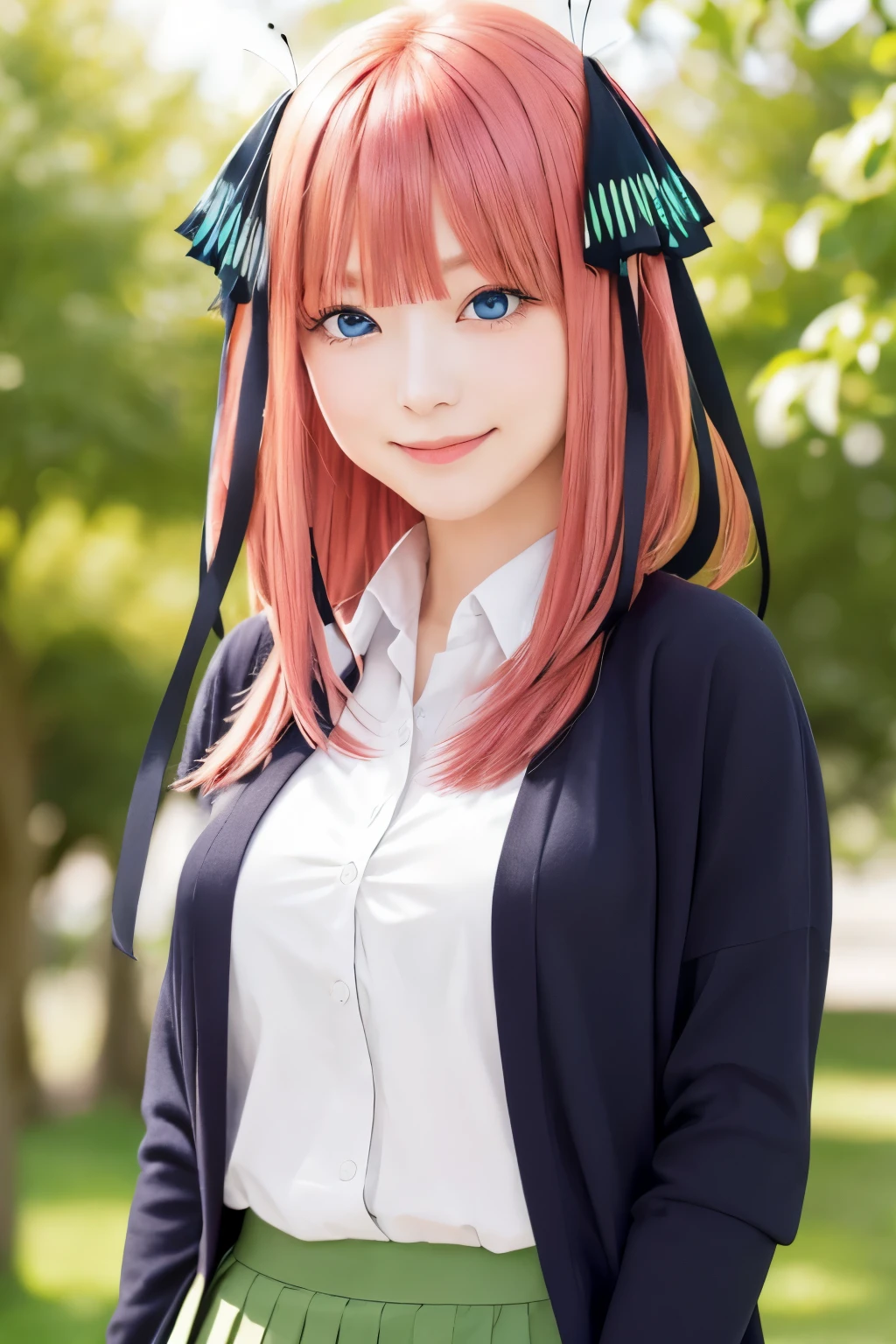 masterpiece, highest quality, very detailed, 1 girl, alone, cowboy shot, nakano nino, pink hair, butterfly hair ornament, black cardigan, collared shirt, green skirt, mini skirt, medium breasts, Are standing, School, outdoor, smile,RAW shooting:1.2)、(realistic:1.4)、(masterpiece:1.3)、(highest quality:1.4)、beautiful white people、7 head and body、Beautiful in every detail目、eyelash、beautiful double eyelids、alone、cute、(cute:1.2)、beautiful woman、nino nakano、The Quintessential Quintuplets、8K、Beautiful in every detail、detailed hair、ultra high resolution, surreal、complete human body structure,Always detailed face and skin, detailed eye, very detailed顔と肌