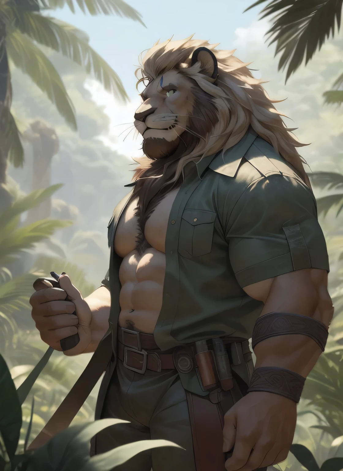 Lion, male, adult, long blond mane, big brown beard all over the jaw, very muscular body, large pectorals, big biceps, beautiful green eyes, detailed eyes, detailed face, archaeologist adventurer, tight-fitting archaeologist adventurer clothes , open shirt, visible pecs, smiling face, jungle background, seen all over the body (intricate, high detail, film photography, soft focus, RAW candid cinema, photorealism, realistic, photorealistic, analog style, subsurface scattering, masterpiece, best quality, ultra realistic, 8k)