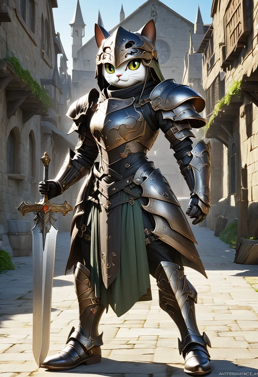 A fantasy of a Kavachi-style seaside village, Rendering in cinema4d, (Anthropomorphic Cat:1.5)，A cat knight in armor，Holding the holy sword，wearing a helmet，slim，holy sword，middle Ages，Creative character design, Whimsical cartoon style, 32k Ultra HD