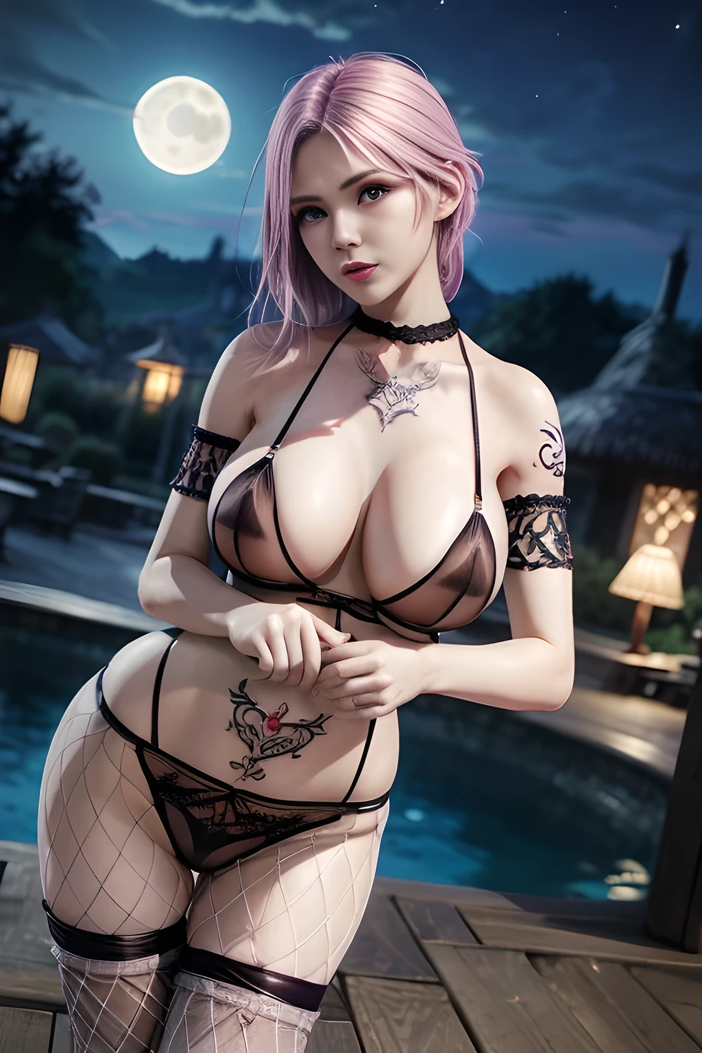 1 girl,standing posture,((halter neck, bare shoulders, pantyhose, bodysuit, see-through,lingerie, fishnets)), outdoor,elegant,nighttime,moonlighe,shiny skin,( huge breasts:1.1), lip gloss,( tattoos:1.3), masterpiece, best quality, realistic ,Rich artistic colors, 8K,soft shadows,Portrait art,solo,  elise,