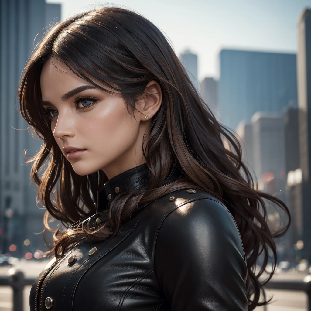(best quality,ultra-detailed,realistic:1.37),portrait,leather,beautiful detailed face,perfect facial features,detailed eyes,luscious lips,black leather outfit,wavy hair,captivating gaze,confident stance,city backdrop,soft natural lighting,vibrant colors,expressive expression,luxurious texture,high-res,hair strands,subtle make-up,sublime beauty,impeccable craftsmanship,shadow and highlights,dynamic composition,fashionable,charismatic personality,attention to detail,fine lines and wrinkles,visual storytelling,graceful pose