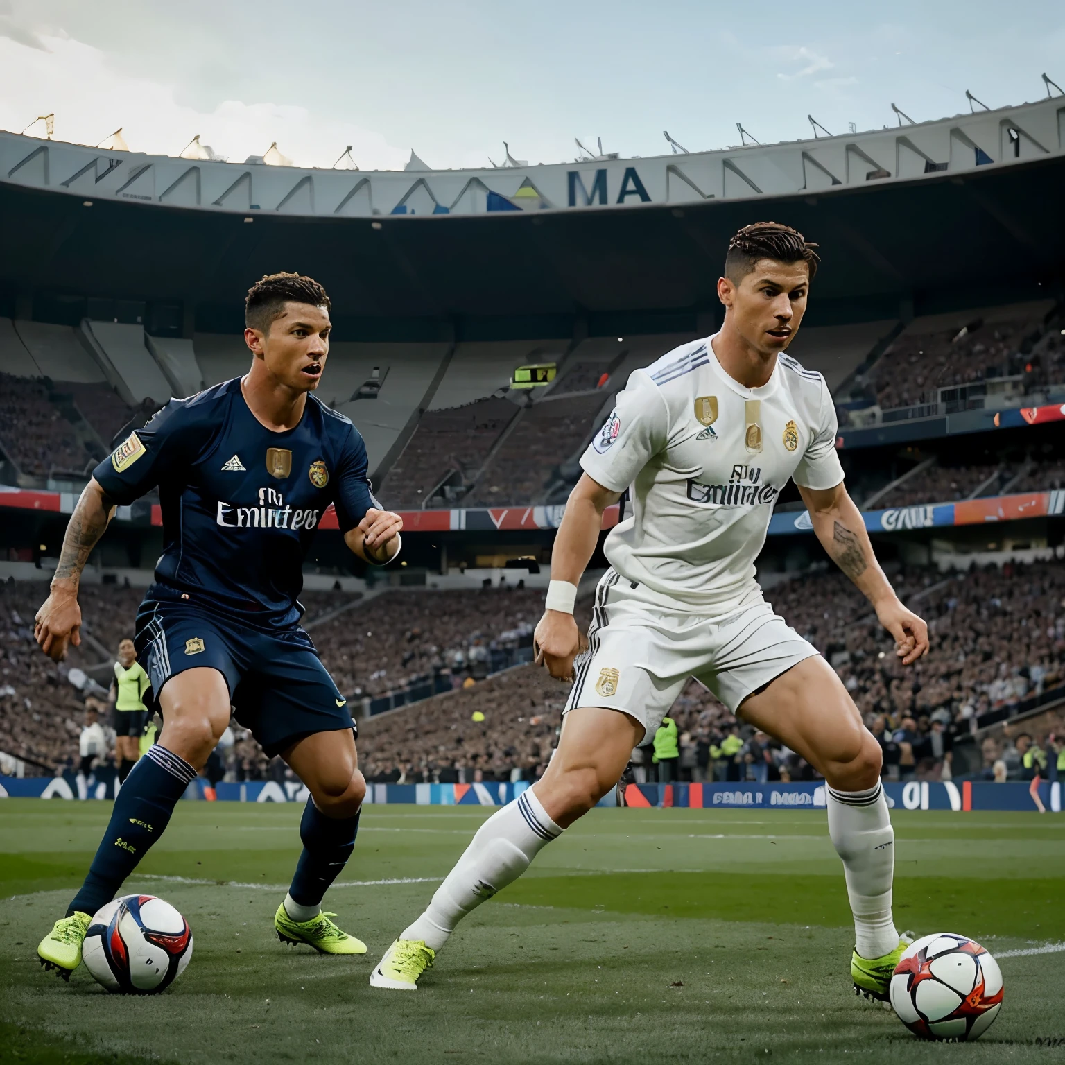 Cristiano Ronaldo anda Lionel Messi. They are playing soccer at the Real Madrid stadium. Their teammates are watching in the background their battle to see who gets the ball. The ball is yellow and is a Nike brand.