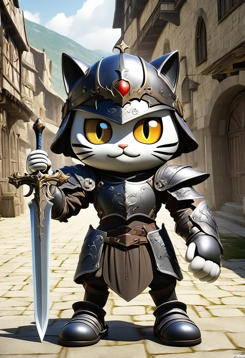 A fantasy of a Kavachi-style seaside village, Rendering in cinema4d, (Anthropomorphic Cat:1.5),A cat knight in armor,Holding the holy sword,wearing a helmet,slim,holy sword,middle Ages,Creative character design, Whimsical cartoon style, 32k Ultra HD--ar 2:1