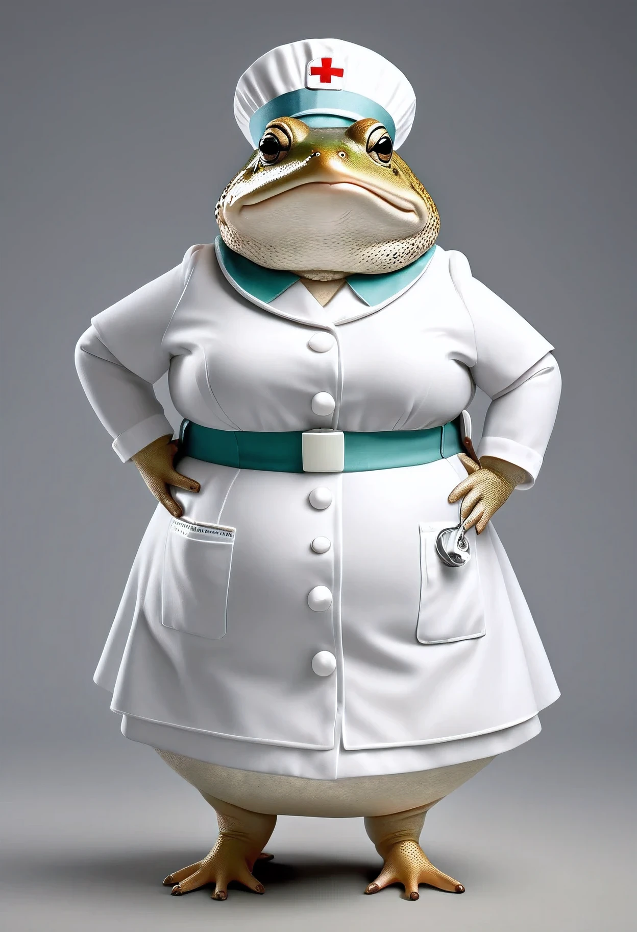 photorealistic portrait of Dressed animals - a ((fat)) toad nurse,(hands on hips:1.2),(), high quality,(lovely) ,intricate details, highly detailed ((white nurse costume)), wearing nurse cap and skirt , highly detailed medical equipment , (happy), studio lighting,(),(simple background)