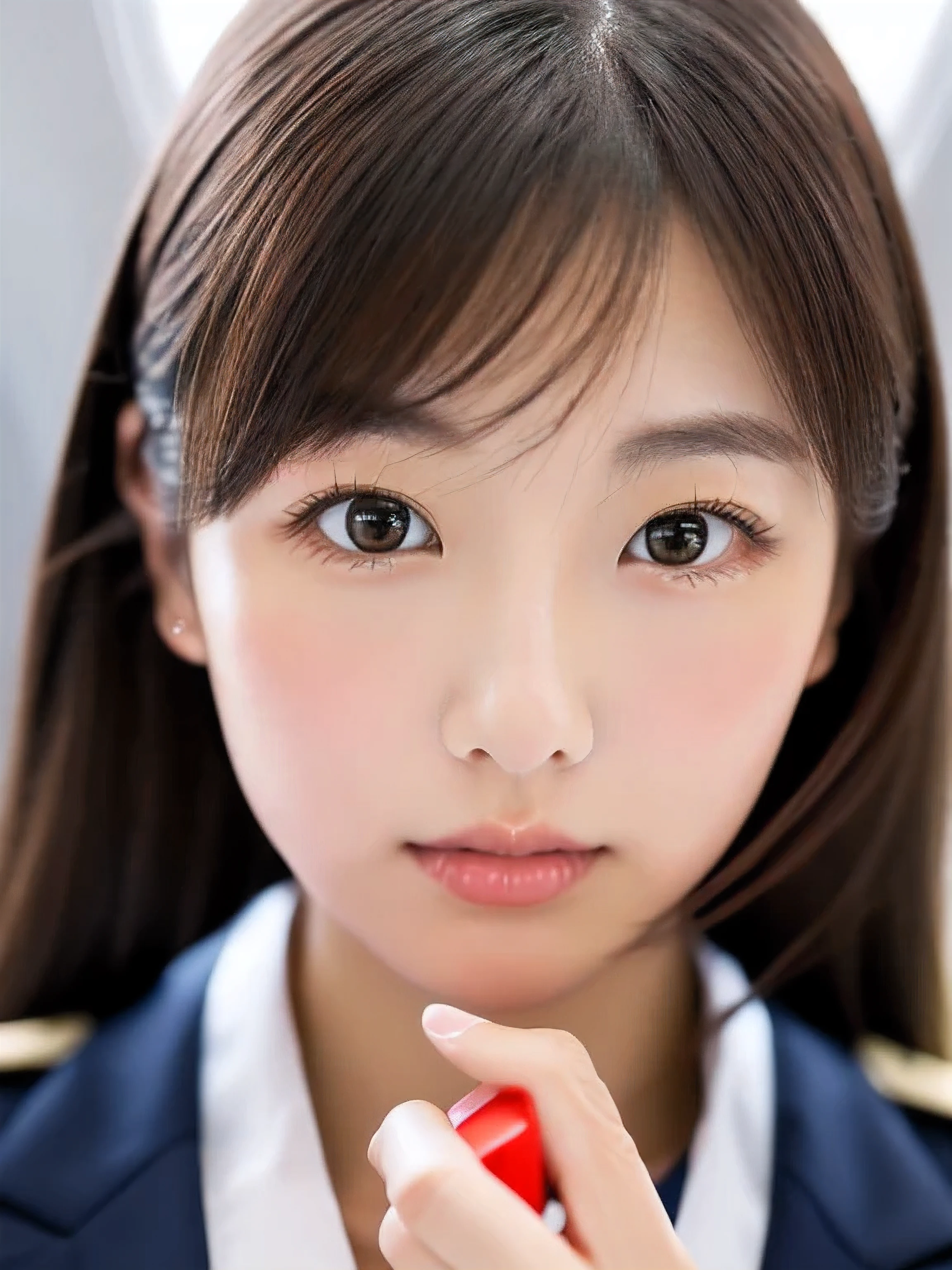 (professional portrait、professional writing)、highest quality, (anatomically correct arm:1.3), Detailed workmanship、(High resolution:1.1)、(8K, High resolution:1.2)、(Raw photo, realistic:1.3)、slender body shape、High resolutionの顔、(the face is in focus、High resolutionの目)、(concentrated, symmetrical pupils:1.2)、High quality and beautiful skin、firm skin、natural makeup、gloss lip, High-definition hair texture, japanese woman, 18-year-old、Cabin attendant, Stewardess resting (Japan Aviation Uniforms) Open the front of your uniform, (On the floor of the plane:1.1)、(put your hand on your chest:1.3), (I am afraid:1.2)、(She is looking up at the camera.:1.3), color々Easy-to-shoot angle:1.3, small breasts, cleavage, Very embarrassed, blush