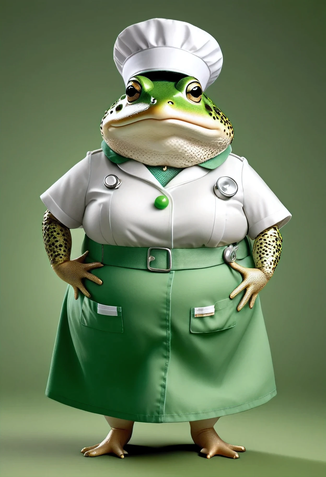 photorealistic portrait of Dressed animals - a ((fat)) toad nurse,(hands on hips:1.2),(), high quality,(lovely) ,intricate details, highly detailed ((green nurse costume)), wearing nurse cap and skirt , highly detailed medical equipment , (happy), studio lighting,(),(simple background)