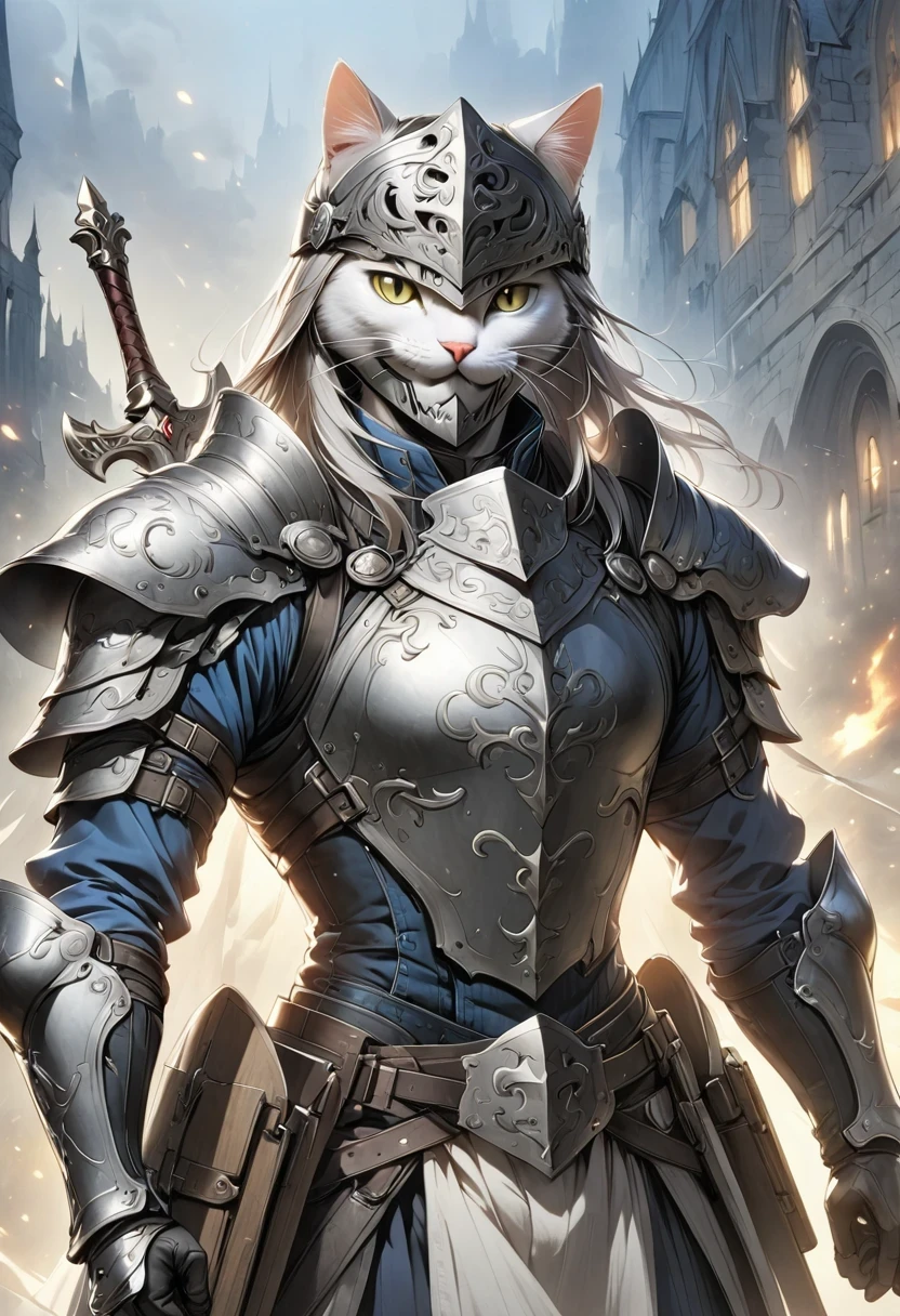(Anthropomorphic Cat:1.5),A cat knight in armor,holding a weapon,wearing a helmet,slim,holy sword,middle Ages