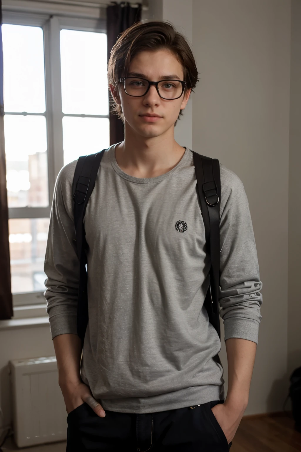 18-year-old male with a nerdy look in fully dressed casual attire, presenting a realistic high dynamic range (HDR) effect. (best quality, realistic, HDR:1.2), nerd looking, casual clothing, fully dressed, day-to-day outfit