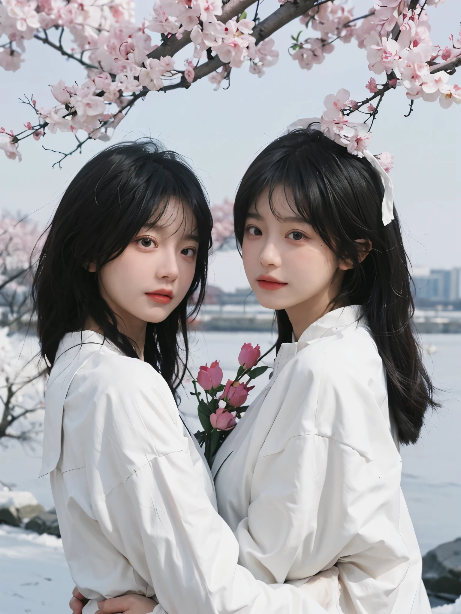 best quality, ultra high resolution, White background,(realistically:1.4), 2 girls, white cheongsam,twin? Sakura Rain,Under the cherry blossom tree,A pair of eyes as clear as snow,Royal sister,looking at the audience, close up ,