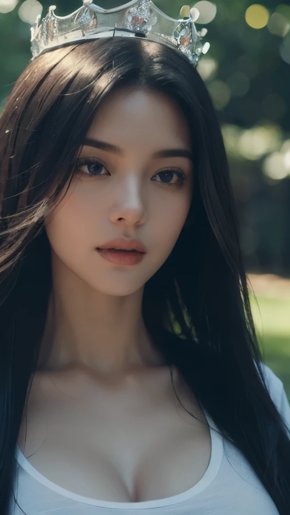 32k, best quality, (((masterpiece))), realistic, ultra detail, photo realistic, Increase quality, highly detailed, ultra details, a photo of a ((sexy and hot)) (((seductive))) girl standing in park wearing ((white t-shirt)), (big boobs: 1.4), (big diamond crown) on head, (((straight hairs:1.2))), in the style of dark and brooding designer, voluminous mass, photobash, serene faces, jagged edges, navy, natural beauty, (closeup shot), self portrait, ((cinematic shot)), ((perfect female anatomy))